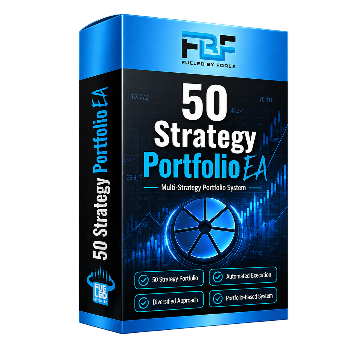 A 3D software box mockup for '50 Strategy Portfolio EA' by FBF (Fueled By Forex), featuring a blue and black design with digital financial charts and a blue trading portfolio wheel graphic.