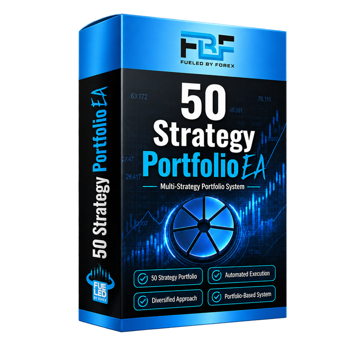 A 3D software box mockup for '50 Strategy Portfolio EA' by FBF (Fueled By Forex), featuring a blue and black design with digital financial charts and a blue trading portfolio wheel graphic.