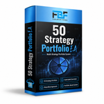 A 3D software box mockup for '50 Strategy Portfolio EA' by FBF (Fueled By Forex), featuring a blue and black design with digital financial charts and a blue trading portfolio wheel graphic.